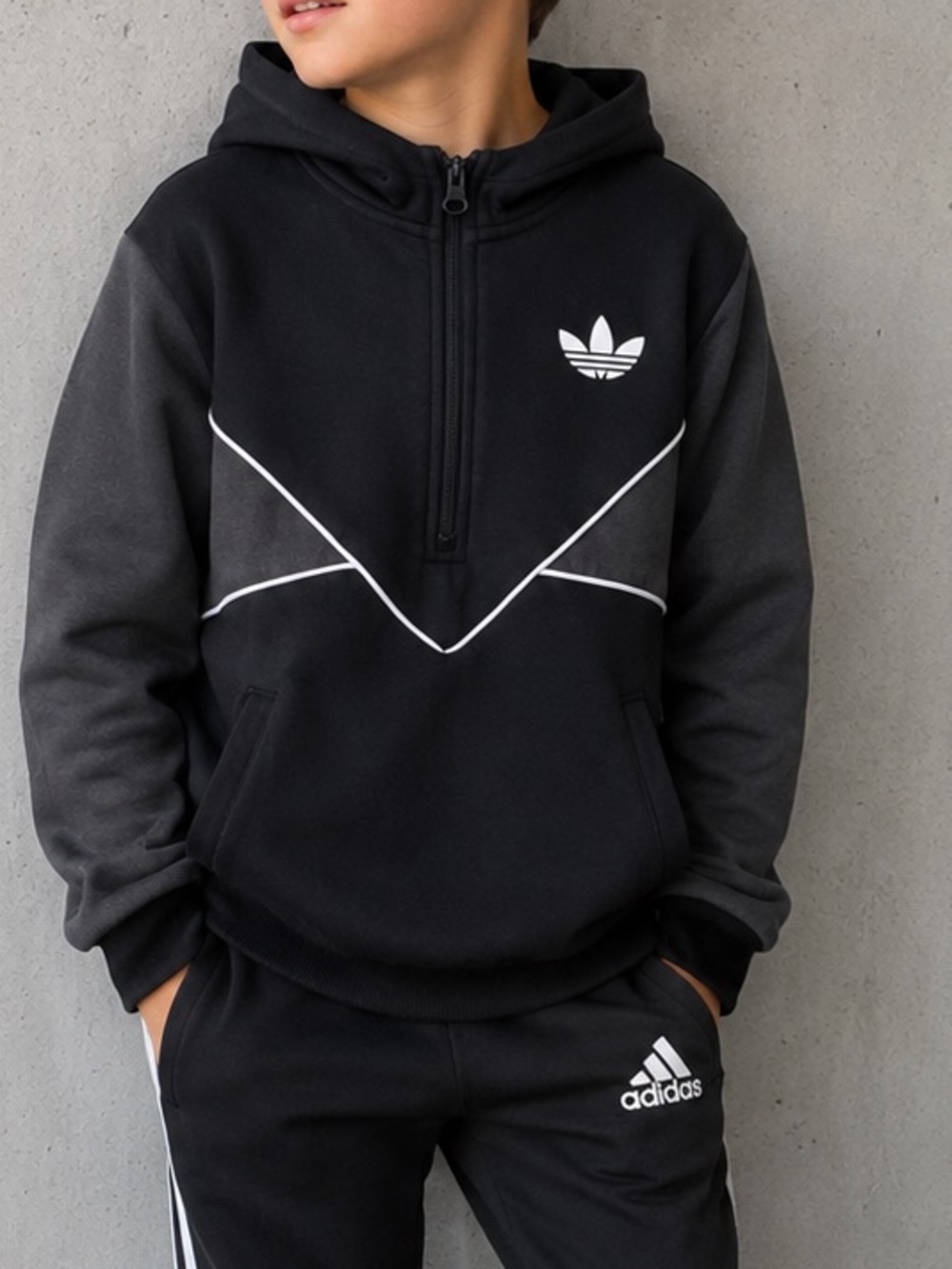 Adidas Originals Kids Half Zip Hoodie Black Grey Small Streetwear School Sport
